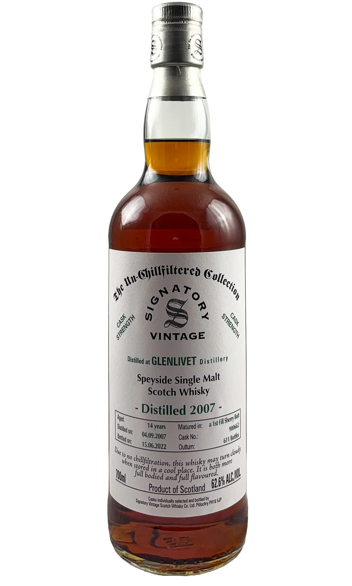 Glenlivet (Signatory Vintage), Speyside Single Malt Scotch Whisky 14 Year Old Cask Strength, 2007 (700mL)