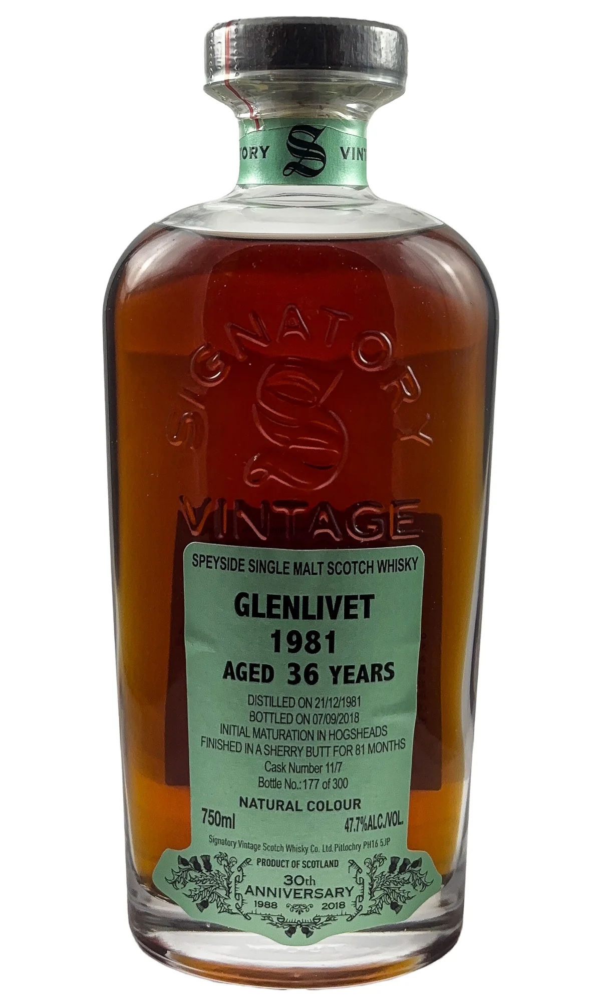 Glenlivet (Signatory Vintage), Speyside Single Malt Scotch Whisky 36 Year Old 30th Anniversary, 1981